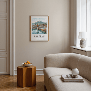 Lucerne Watercolor Art Print with octagonal stone tower mirrored on tranquil water
