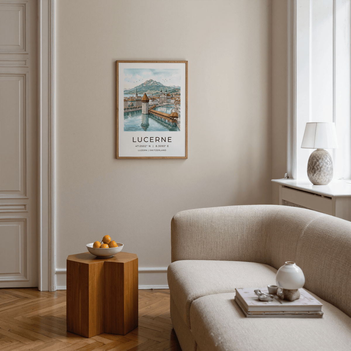 Lucerne Watercolor Art Print with octagonal stone tower mirrored on tranquil water