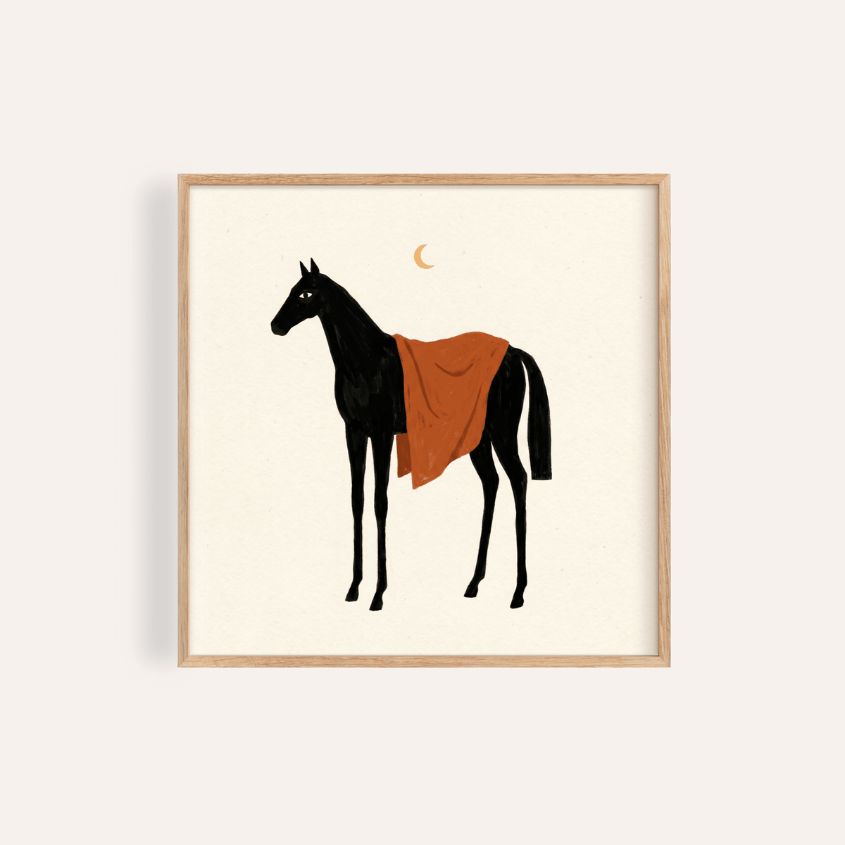 Minimalist horse poster with crescent moon and draped cloth