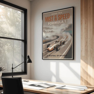 Typography-led racing print poster reading Grand Prix Mist & Speed Formula 1 with illustrated car
