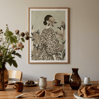 Botanical Portrait Painting with earthy Green and Beige for study room poster