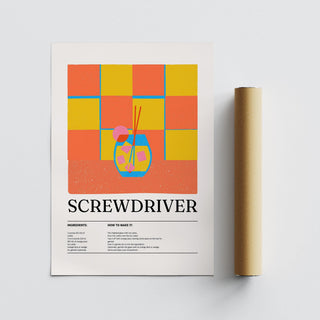Midcentury-style kitchen wall art showing a Screwdriver with cherry and ice cubes.