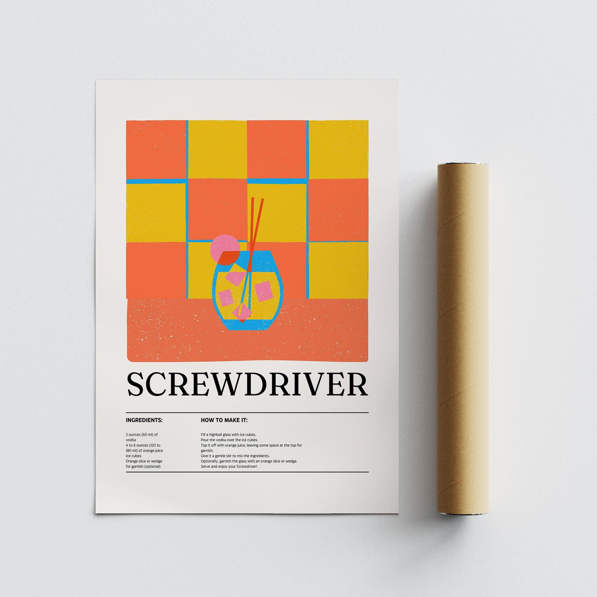 Midcentury-style kitchen wall art showing a Screwdriver with cherry and ice cubes.
