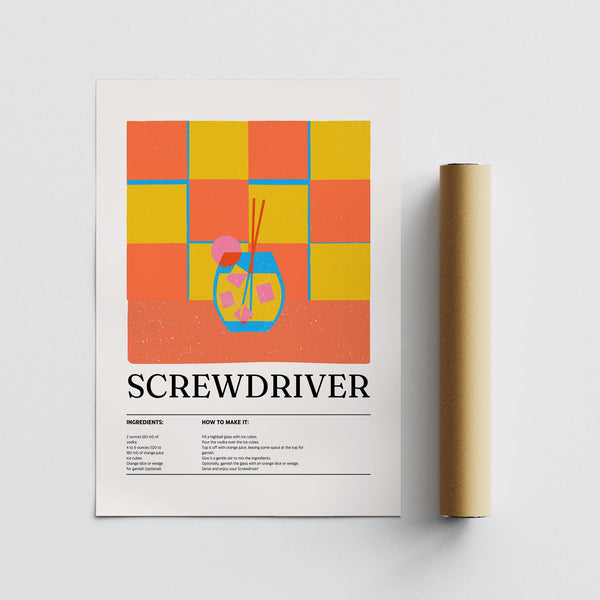 Midcentury-style kitchen wall art showing a Screwdriver with cherry and ice cubes.