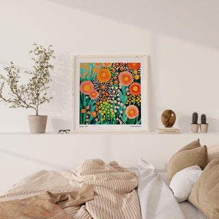 Square floral print inspired by Yayoi Kusama with vivid flower heads.