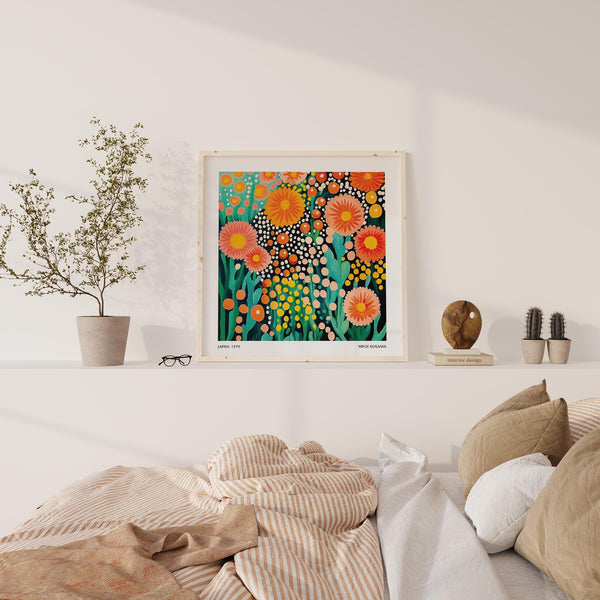 Square floral print inspired by Yayoi Kusama with vivid flower heads.