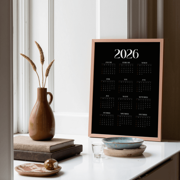 Modern Calendar Print Black White elegant entryway art print