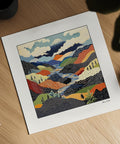 Vibrant abstract mountain print featuring dots and patterns