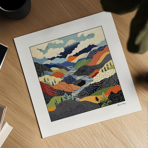 Vibrant abstract mountain print featuring dots and patterns