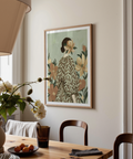 Woman with Flowers poster, floral theme, green beige for entryway