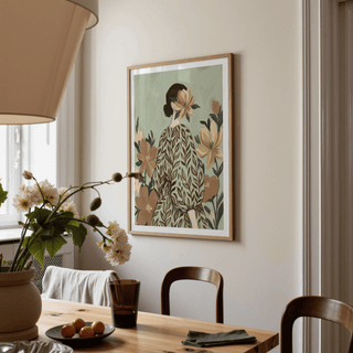 Woman with Flowers poster, floral theme, green beige for entryway