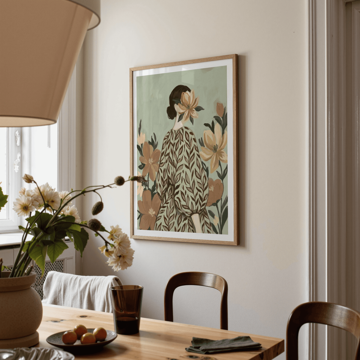 Woman with Flowers poster, floral theme, green beige for entryway