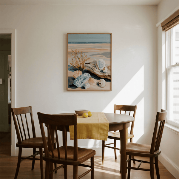 Coastal Shell Art poster in Blue and Pink, ideal for living rooms