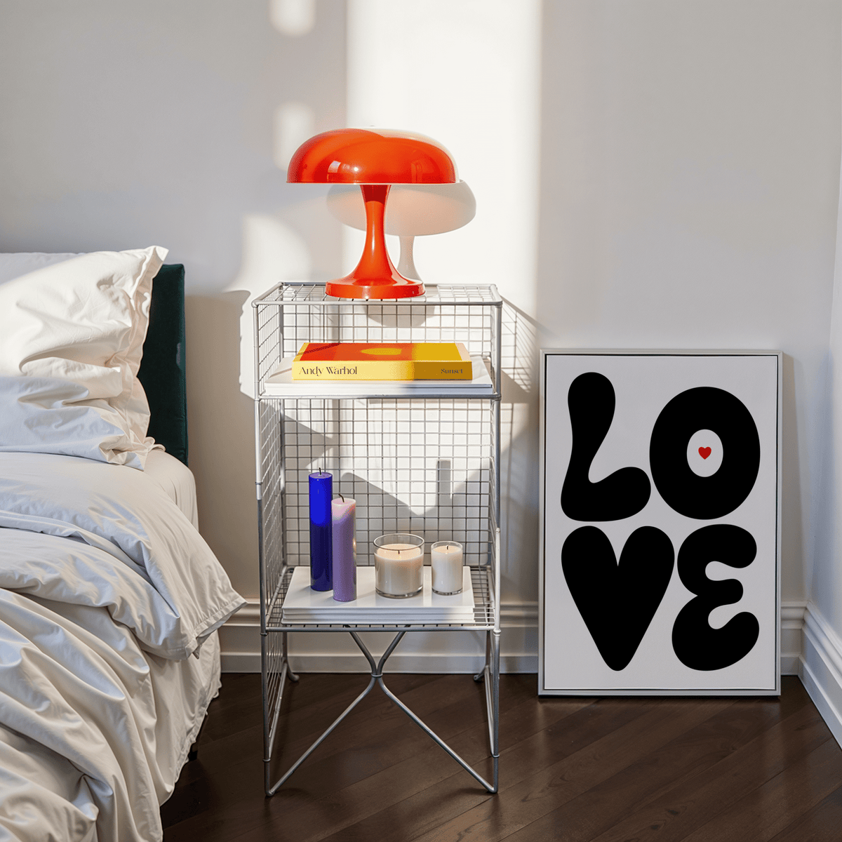 Graphic typography print on wall above console table