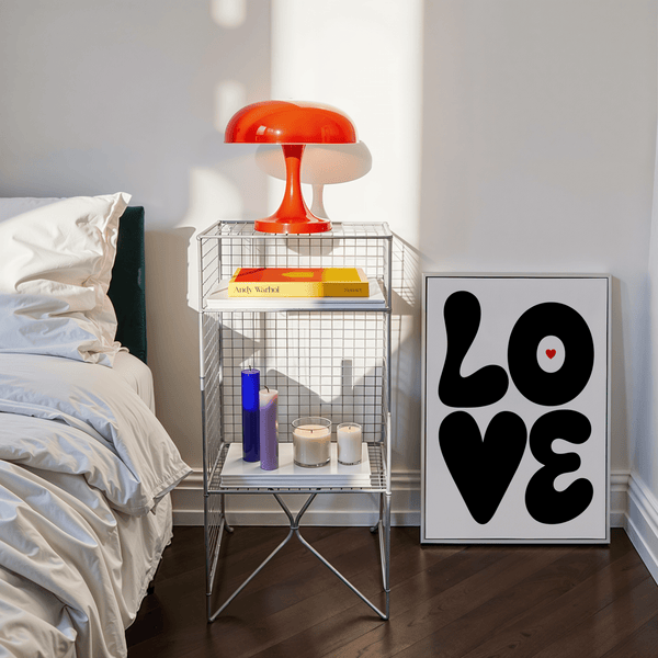 Graphic typography print on wall above console table