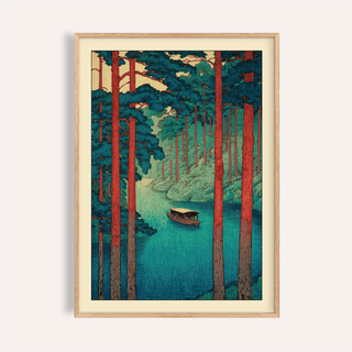 Framed view of Hasui Kawase tranquil river wall art poster with tall trees and a small boat