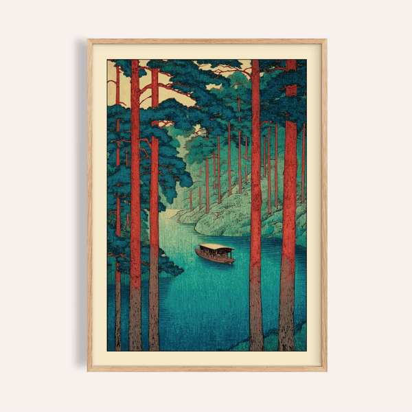 Framed view of Hasui Kawase tranquil river wall art poster with tall trees and a small boat