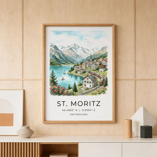 Scenic Swiss Landscape Art Print showing St. Moritz village and alpine lake