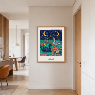 Text-topped Swan Art Print reading “Moonlight Water Gardens, 1978”