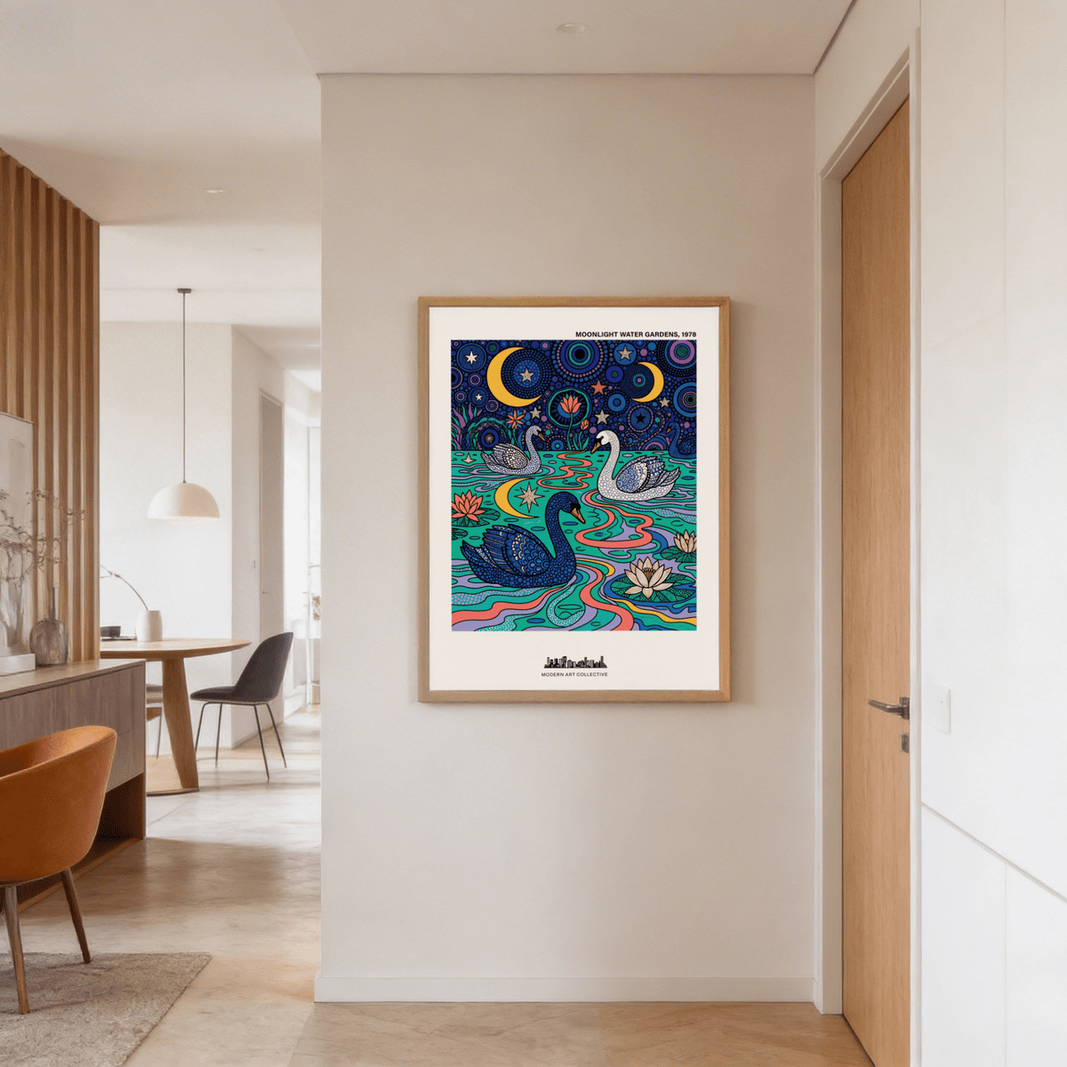 Text-topped Swan Art Print reading “Moonlight Water Gardens, 1978”