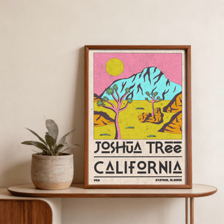 Joshua Tree Art Print with retro color blocks and large CALIFORNIA lettering