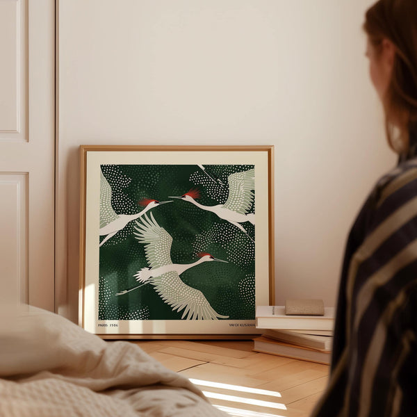 Unique white crane birds art with a tranquil and sophisticated design