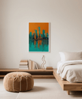 Modern Skyline Poster in orange and teal for creative studio wall art print