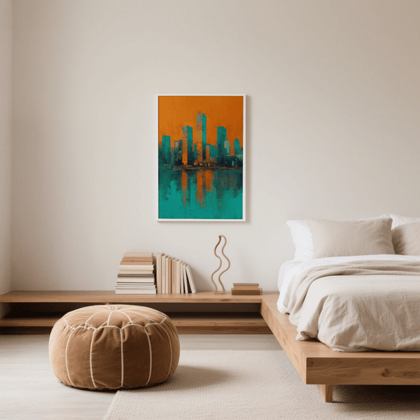 Modern Skyline Poster in orange and teal for creative studio wall art print