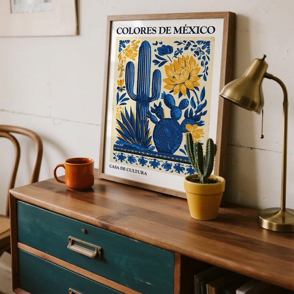 Traditional Mexican folk art featuring agave and blooming desert flowers.