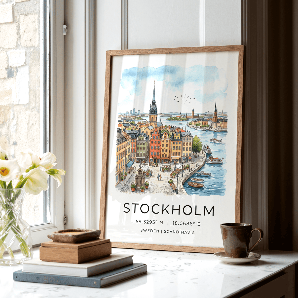 Hand-drawn Sweden Landscape Poster of Stockholm harbor with boats and colorful buildings