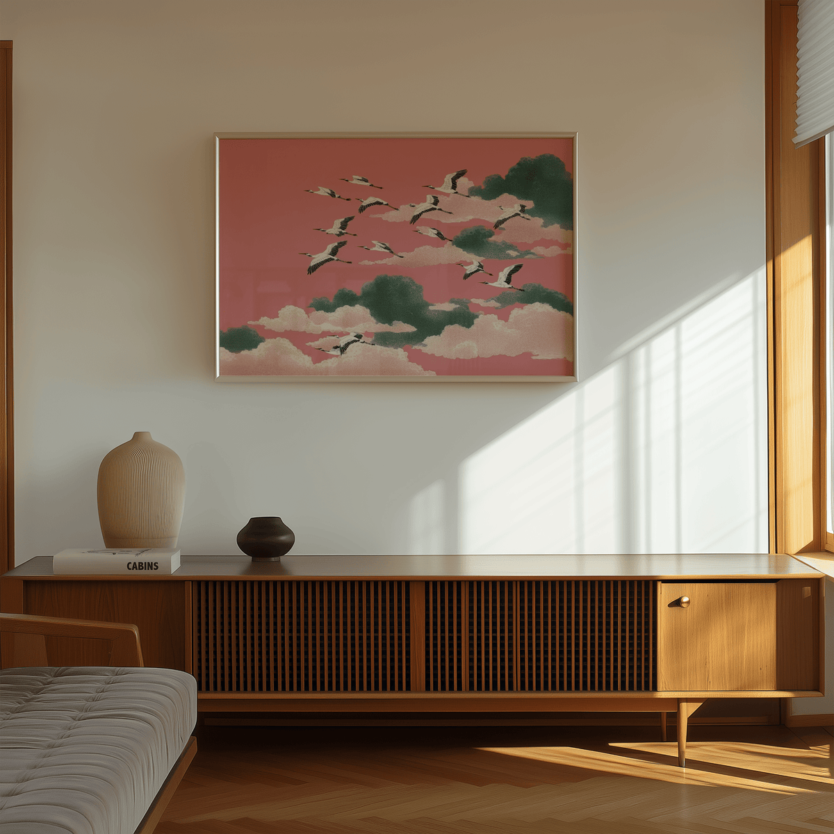 Soothing Pink Crane Wall Art Green skies for nursery wall art print