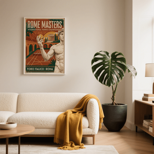 Illustrated tennis wall art poster showing ROME MASTERS text, arches, and columned building