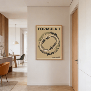Graphic racing poster displaying multiple car silhouettes circling course