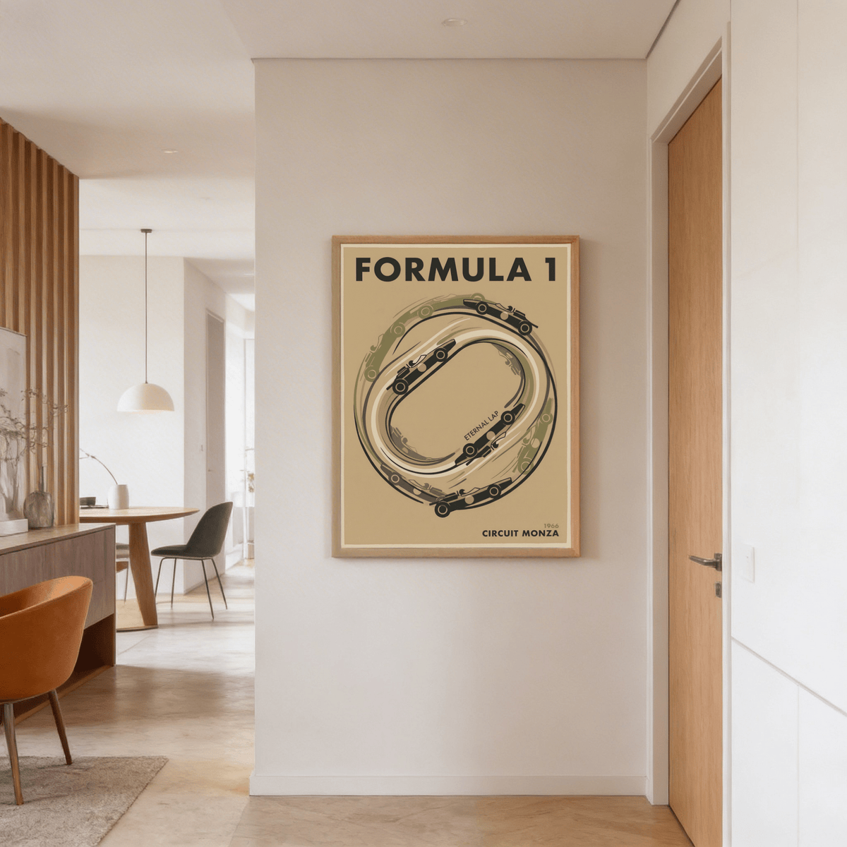 Graphic racing poster displaying multiple car silhouettes circling course