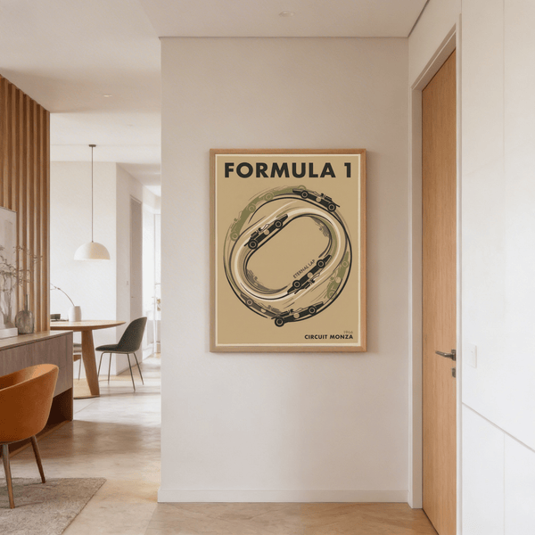 Graphic racing poster displaying multiple car silhouettes circling course