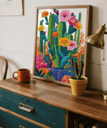 Cactus Floral Wall Art with orange, blue, green for bedroom decor print
