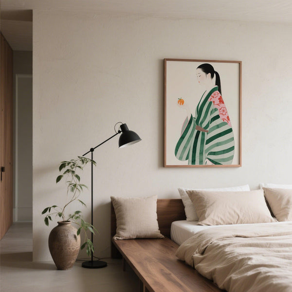 Minimalist art print of a serene woman in green and pink robe, unique wall art for living room.