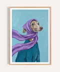 Dressed up Dog Art print with purple scarf, gray, green, and blue for living room wall art