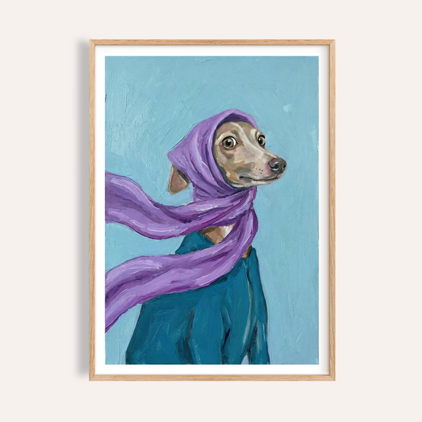 Dressed up Dog Art print with purple scarf, gray, green, and blue for living room wall art