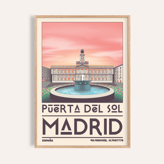 Featuring Puerta del Sol Madrid Landmark Art Print poster with central fountain and clock tower