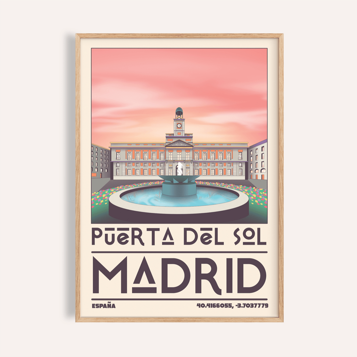 Featuring Puerta del Sol Madrid Landmark Art Print poster with central fountain and clock tower