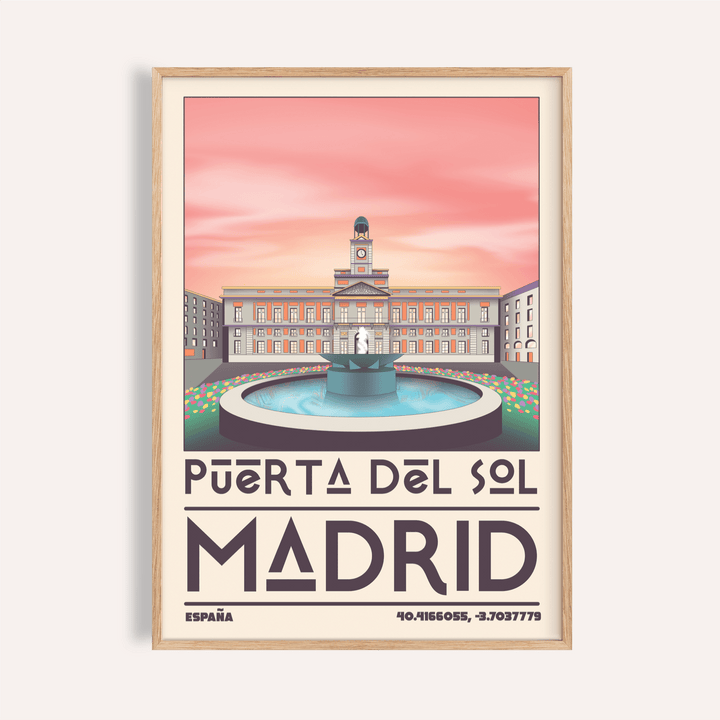 Featuring Puerta del Sol Madrid Landmark Art Print poster with central fountain and clock tower