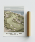 Top-down golf course poster featuring sand bunkers, putting green, and coastal surf