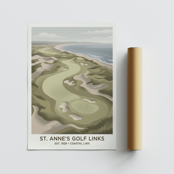 Top-down golf course poster featuring sand bunkers, putting green, and coastal surf