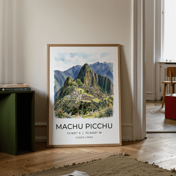 Dining room styled with Machu Picchu Art Print and neutral décor accents