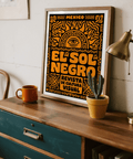 Graphic Mexico print poster reading EL SOL NEGRO with patterned border