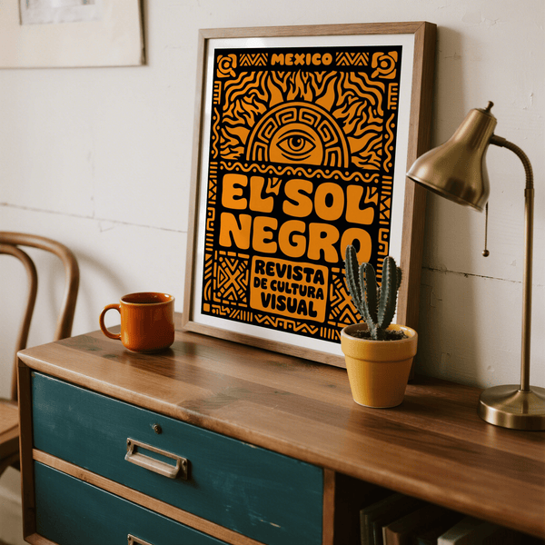 Graphic Mexico print poster reading EL SOL NEGRO with patterned border
