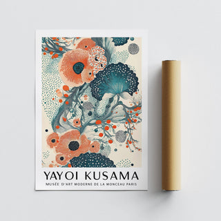 Graphic abstract floral poster with teal petals and dot patterns