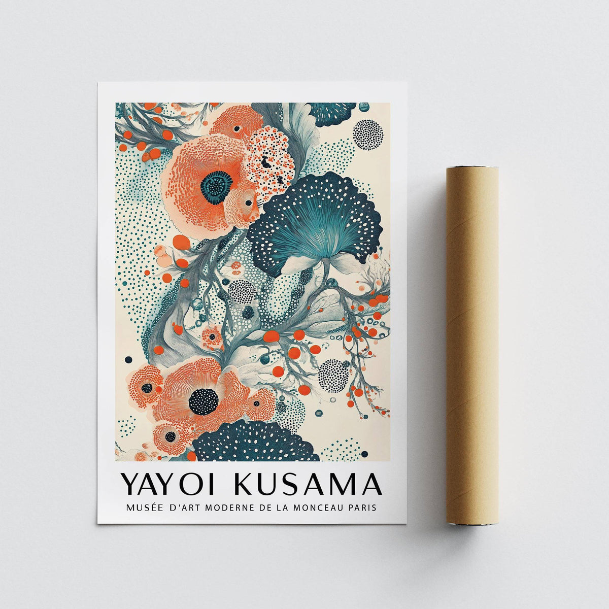 Graphic abstract floral poster with teal petals and dot patterns
