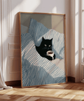 Cat In Bed Poster art print, blue and white stripes, for creative studio decor